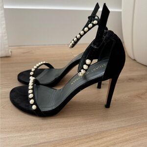 Stuart Weitzman Black Stiletto Heels with Pearl Accents